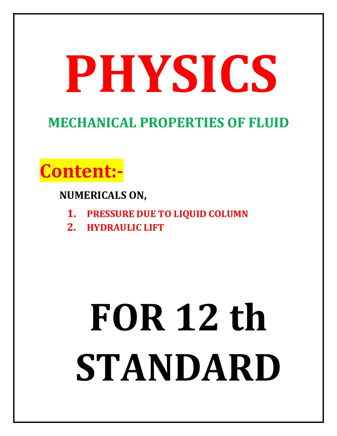 Photo of Numericals on pressure due to liquid column and hydraulic lift